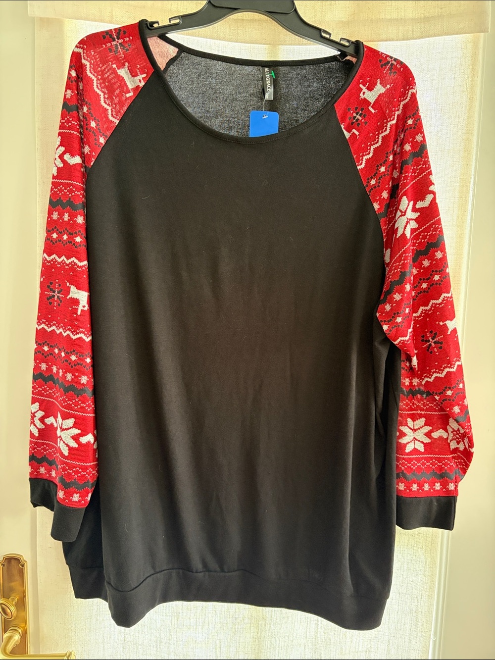 Women's Black Sweater with Red Holiday-Print Raglan Sleeves